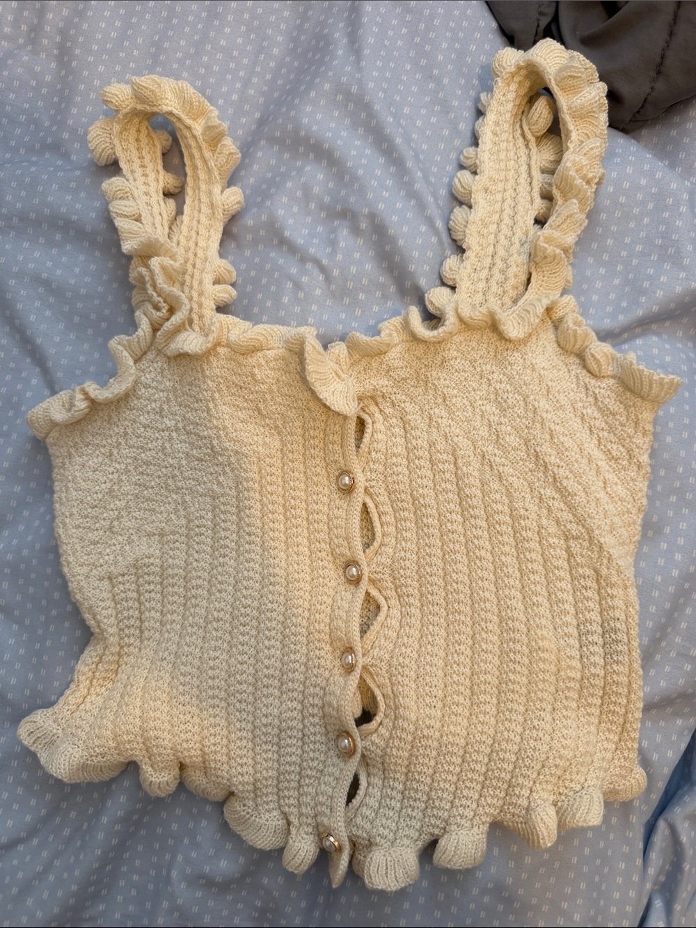 Cream Ruffle Knit Button Front Crop Top